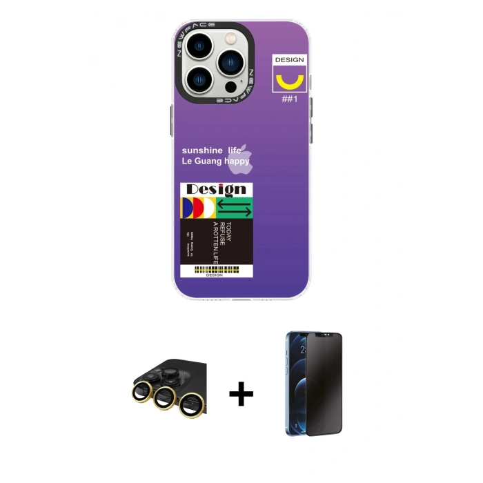 MARSİLYAN™- iPhone 13 Pro Max Kılıf Siluet Çizgi Koleksiyonu - Siyah 3D Antistatik Hayalet Cam Ekran Koruyucu + Raze Metal Kamera Lens - GD