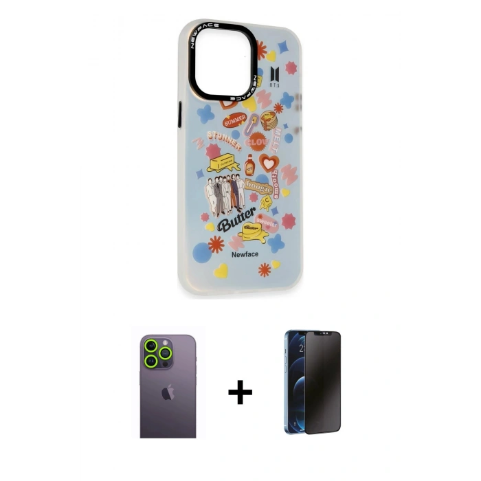 MARSİLYAN™- iPhone 13 Pro Max Kılıf Siluet Çizgi Koleksiyonu - Siyah 3D Antistatik Hayalet Cam Ekran Koruyucu + Neon Fosforlu Kamera Lens - YL