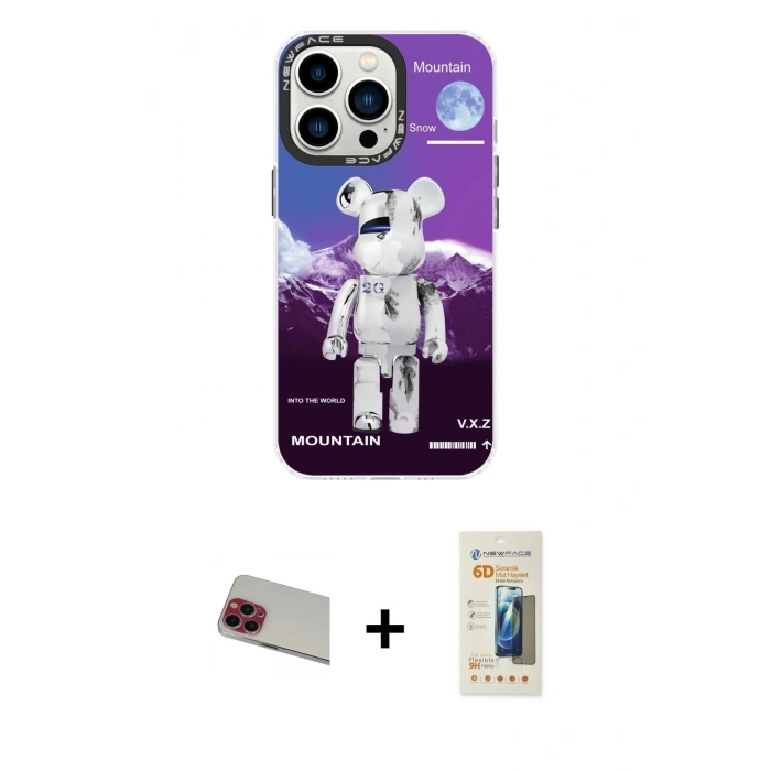 MARSİLYAN™- iPhone 13 Pro Max Kılıf Siluet Çizgi Koleksiyonu - Siyah 6D Mat Seramik Hayalet Nano Ekran Koruyucu + Kırmızı Rainbow Kamera Lens Koruma Cam