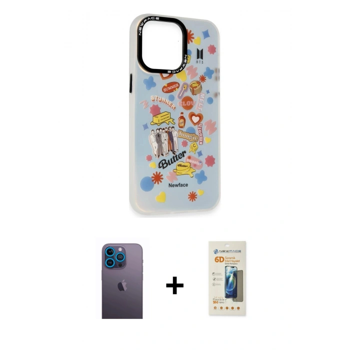 MARSİLYAN™- iPhone 13 Pro Max Kılıf Siluet Çizgi Koleksiyonu - Siyah 6D Mat Seramik Hayalet Nano Ekran Koruyucu + Neon Fosforlu Kamera Lens - MI