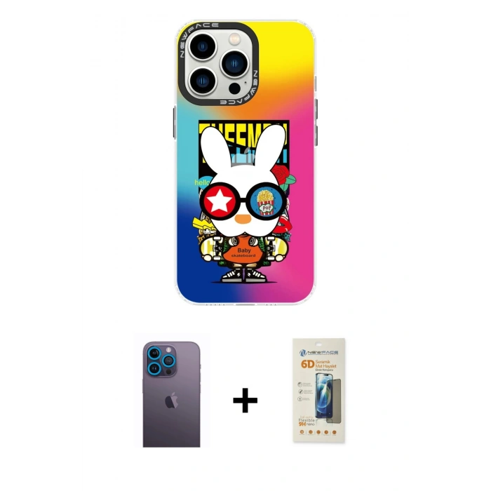 MARSİLYAN™- iPhone 13 Pro Max Kılıf Siluet Çizgi Koleksiyonu - Siyah 6D Mat Seramik Hayalet Nano Ekran Koruyucu + Neon Fosforlu Kamera Lens - MI