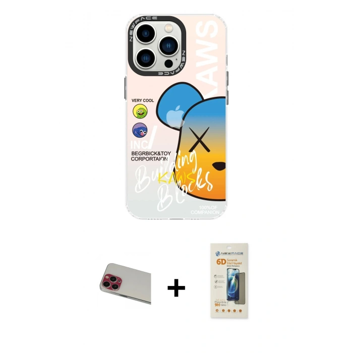 MARSİLYAN™- iPhone 13 Pro Max Kılıf Siluet Çizgi Koleksiyonu - Siyah 6D Mat Seramik Hayalet Nano Ekran Koruyucu + Kırmızı Rainbow Kamera Lens Koruma Cam