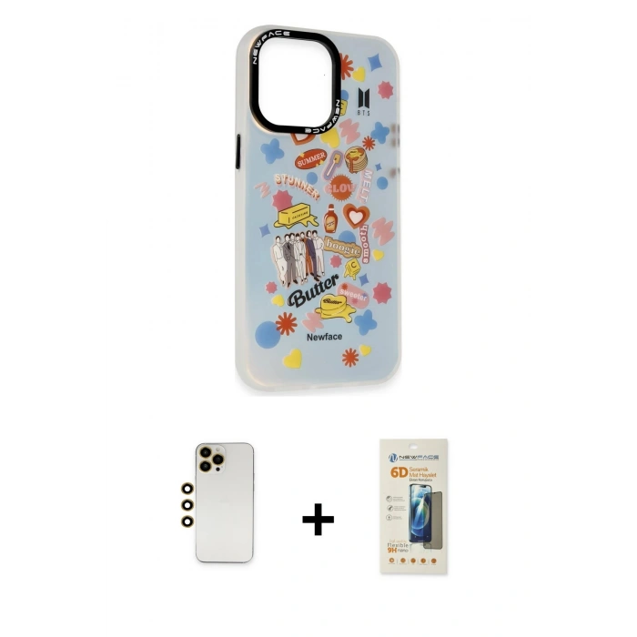 MARSİLYAN™- iPhone 13 Pro Max Kılıf Siluet Çizgi Koleksiyonu - Siyah 6D Mat Seramik Hayalet Nano Ekran Koruyucu + Gold Shine Kamera Lens