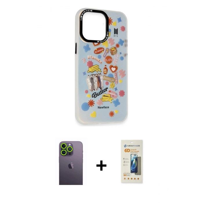 MARSİLYAN™- iPhone 13 Pro Max Kılıf Siluet Çizgi Koleksiyonu - Siyah 6D Mat Seramik Hayalet Nano Ekran Koruyucu + Neon Fosforlu Kamera Lens - YL
