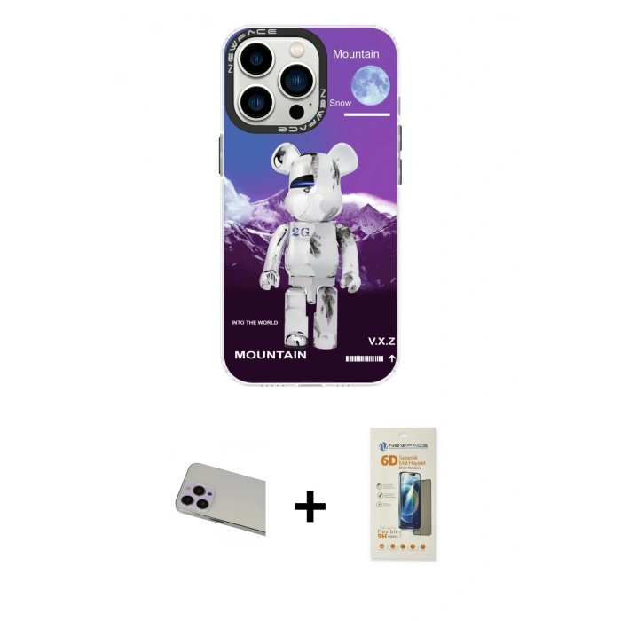MARSİLYAN™- iPhone 13 Pro Max Kılıf Siluet Çizgi Koleksiyonu - Siyah 6D Mat Seramik Hayalet Nano Ekran Koruyucu + Mor Rainbow Kamera Lens Koruma Cam