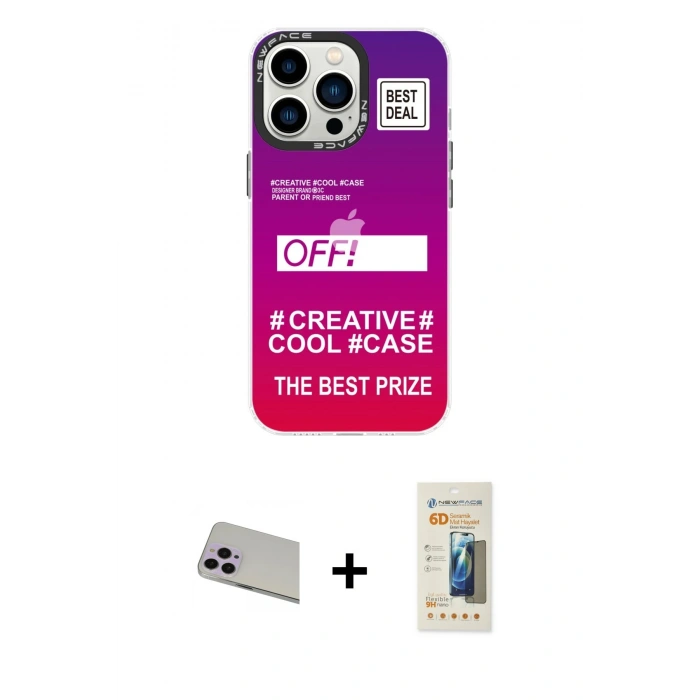 MARSİLYAN™- iPhone 13 Pro Max Kılıf Siluet Çizgi Koleksiyonu - Siyah 6D Mat Seramik Hayalet Nano Ekran Koruyucu + Mor Rainbow Kamera Lens Koruma Cam