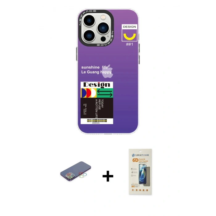 MARSİLYAN™- iPhone 13 Pro Max Kılıf Siluet Çizgi Koleksiyonu - Siyah 6D Mat Seramik Hayalet Nano Ekran Koruyucu + Renkli Kamera Lens Koruma Cam - MI