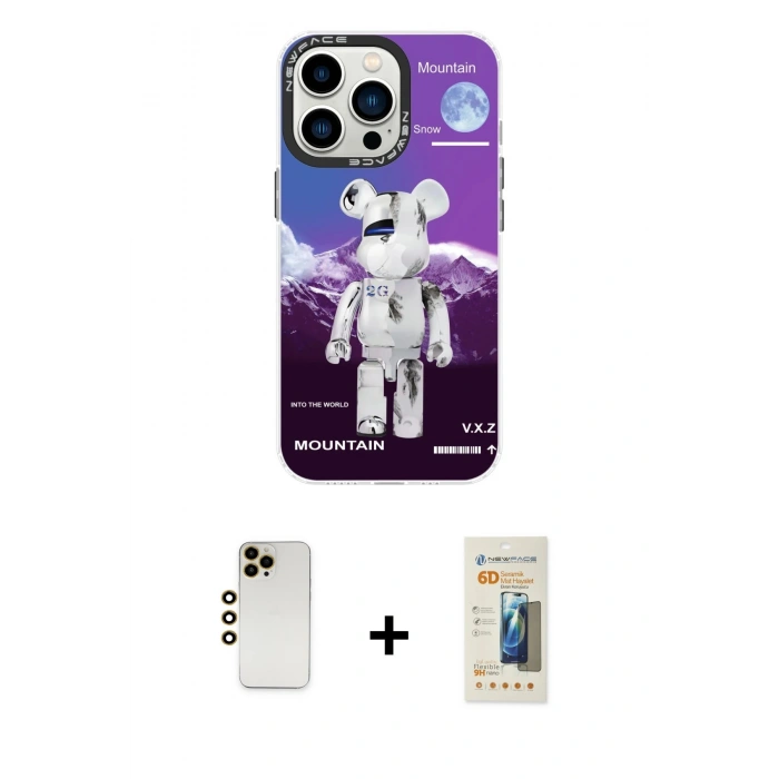 MARSİLYAN™- iPhone 13 Pro Max Kılıf Siluet Çizgi Koleksiyonu - Siyah 6D Mat Seramik Hayalet Nano Ekran Koruyucu + Gold Shine Kamera Lens