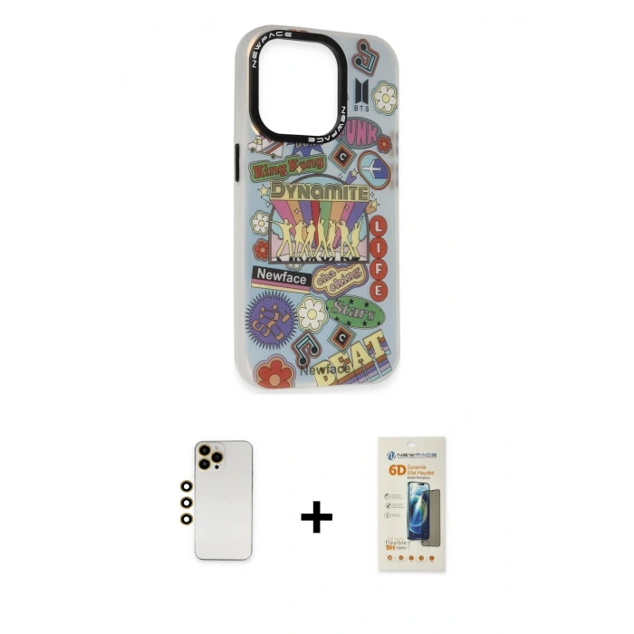 MARSİLYAN™- iPhone 13 Pro Max Kılıf Siluet Çizgi Koleksiyonu - Siyah 6D Mat Seramik Hayalet Nano Ekran Koruyucu + Gold Shine Kamera Lens