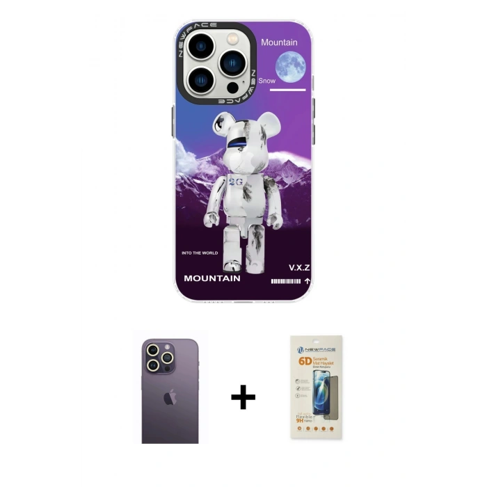MARSİLYAN™- iPhone 13 Pro Max Kılıf Siluet Çizgi Koleksiyonu - Siyah 6D Mat Seramik Hayalet Nano Ekran Koruyucu + Neon Fosforlu Kamera Lens - BZ