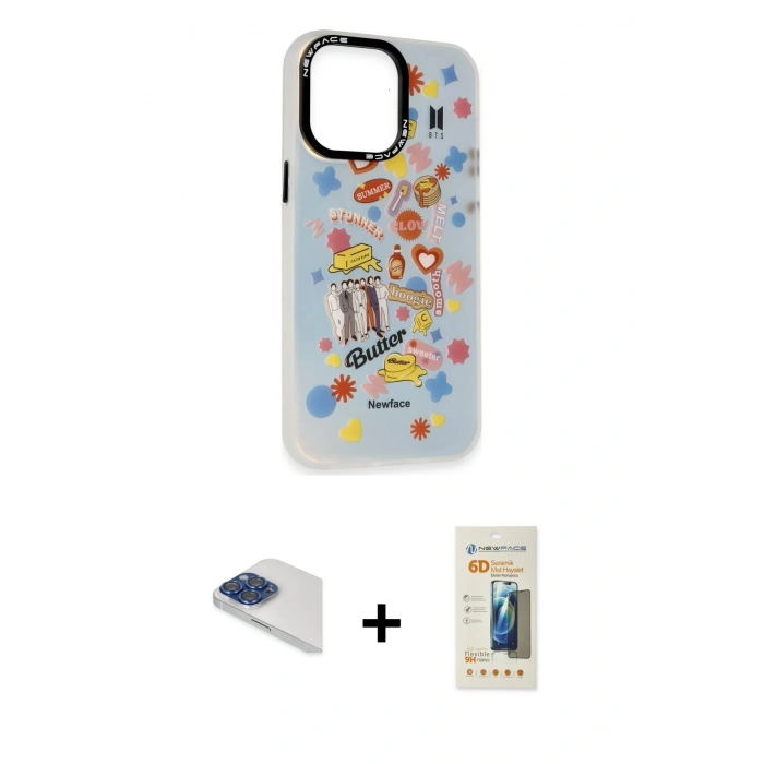MARSİLYAN™- iPhone 13 Pro Max Kılıf Siluet Çizgi Koleksiyonu - Siyah 6D Mat Seramik Hayalet Nano Ekran Koruyucu + Lacivert Pers Alüminyum Kamera Lens