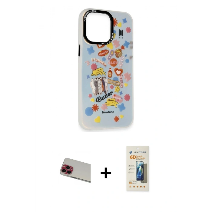 MARSİLYAN™- iPhone 13 Pro Max Kılıf Siluet Çizgi Koleksiyonu - Siyah 6D Mat Seramik Hayalet Nano Ekran Koruyucu + Kırmızı Rainbow Kamera Lens Koruma Cam