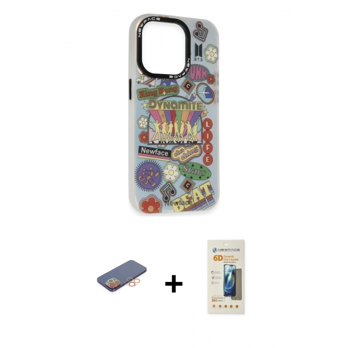 MARSİLYAN™- iPhone 13 Pro Max Kılıf Siluet Çizgi Koleksiyonu - Siyah 6D Mat Seramik Hayalet Nano Ekran Koruyucu + Renkli Kamera Lens Koruma Cam - TU