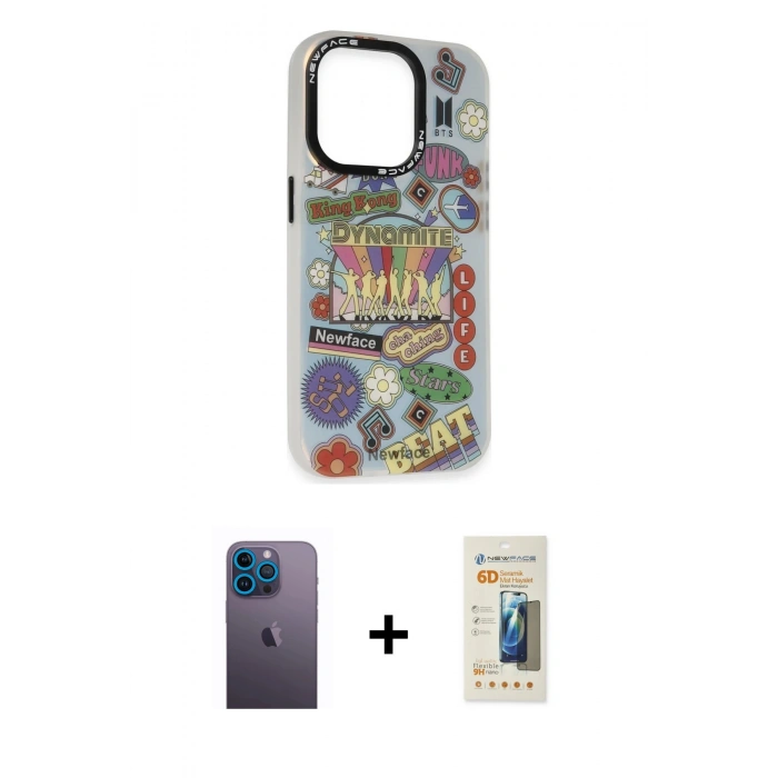 MARSİLYAN™- iPhone 13 Pro Max Kılıf Siluet Çizgi Koleksiyonu - Siyah 6D Mat Seramik Hayalet Nano Ekran Koruyucu + Neon Fosforlu Kamera Lens - MI