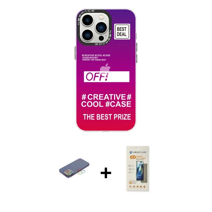 MARSİLYAN™- iPhone 13 Pro Max Kılıf Siluet Çizgi Koleksiyonu - Siyah 6D Mat Seramik Hayalet Nano Ekran Koruyucu + Renkli Kamera Lens Koruma Cam - MI