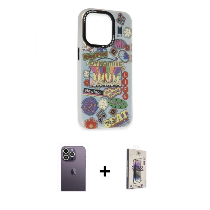 MARSİLYAN™- iPhone 13 Pro Max Kılıf Siluet Çizgi Koleksiyonu - Siyah Bilvis 3D Cam Ekran Koruyucu + Beyaz Neon Fosforlu Kamera Lens