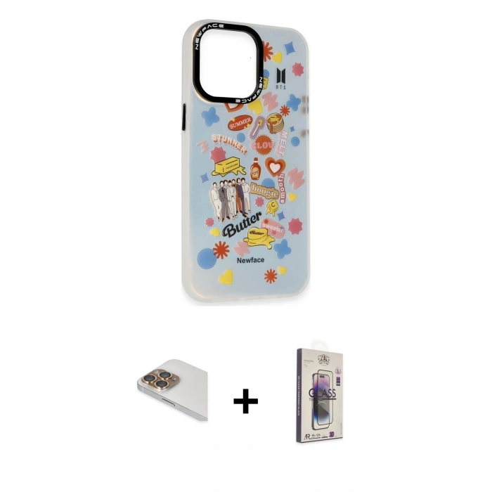 MARSİLYAN™- iPhone 13 Pro Max Kılıf Siluet Çizgi Koleksiyonu - Siyah Bilvis 3D Cam Ekran Koruyucu + Pers Alüminyum Kamera Lens - GD