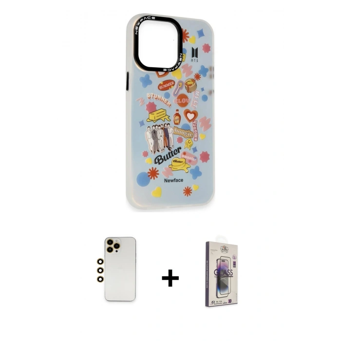 MARSİLYAN™- iPhone 13 Pro Max Kılıf Siluet Çizgi Koleksiyonu - Siyah Bilvis 3D Cam Ekran Koruyucu + Shine Kamera Lens - GD
