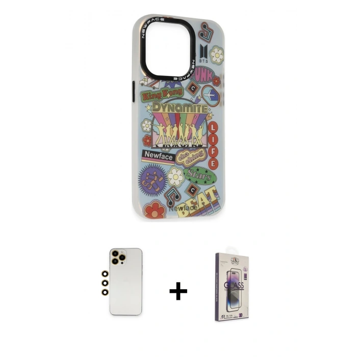 MARSİLYAN™- iPhone 13 Pro Max Kılıf Siluet Çizgi Koleksiyonu - Siyah Bilvis 3D Cam Ekran Koruyucu + Shine Kamera Lens - GD