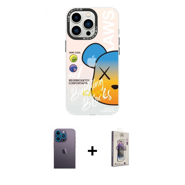MARSİLYAN™- iPhone 13 Pro Max Kılıf Siluet Çizgi Koleksiyonu - Siyah Bilvis 3D Cam Ekran Koruyucu + Mavi Neon Fosforlu Kamera Lens