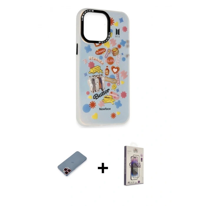 MARSİLYAN™- iPhone 13 Pro Max Kılıf Siluet Çizgi Koleksiyonu - Siyah Bilvis 3D Cam Ekran Koruyucu + Metal Kamera Lens Koruma Cam - KI