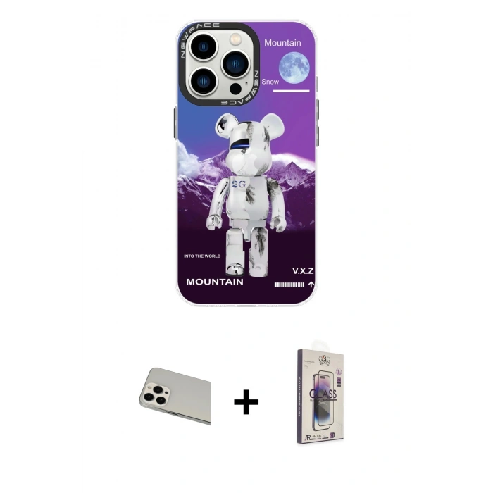 MARSİLYAN™- iPhone 13 Pro Max Kılıf Siluet Çizgi Koleksiyonu - Siyah Bilvis 3D Cam Ekran Koruyucu + Rainbow Kamera Lens Koruma Cam - BZ