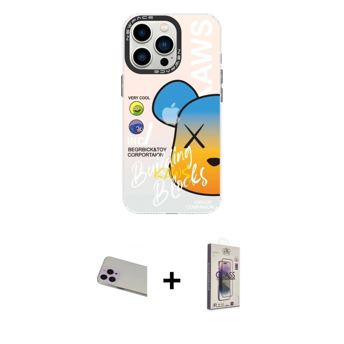 MARSİLYAN™- iPhone 13 Pro Max Kılıf Siluet Çizgi Koleksiyonu - Siyah Bilvis 3D Cam Ekran Koruyucu + Rainbow Kamera Lens Koruma Cam - MR