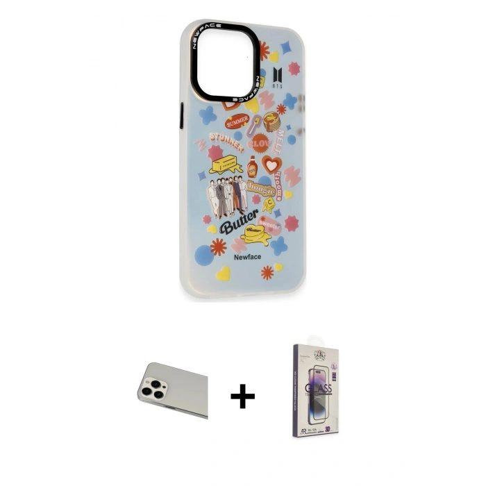 MARSİLYAN™- iPhone 13 Pro Max Kılıf Siluet Çizgi Koleksiyonu - Siyah Bilvis 3D Cam Ekran Koruyucu + Rainbow Kamera Lens Koruma Cam - BZ