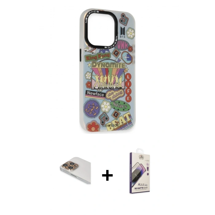 MARSİLYAN™- iPhone 13 Pro Max Kılıf Siluet Çizgi Koleksiyonu - Siyah Bilvis 3D Mat Cam Ekran Koruyucu + Pers Alüminyum Kamera Lens - GD