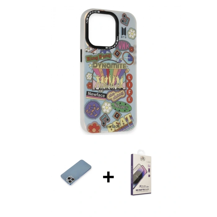 MARSİLYAN™- iPhone 13 Pro Max Kılıf Siluet Çizgi Koleksiyonu - Siyah Bilvis 3D Mat Cam Ekran Koruyucu + Shine Kamera Lens Koruma Cam - GI