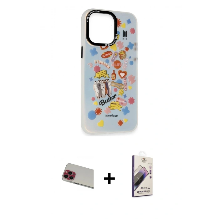 MARSİLYAN™- iPhone 13 Pro Max Kılıf Siluet Çizgi Koleksiyonu - Siyah Bilvis 3D Mat Cam Ekran Koruyucu + Rainbow Kamera Lens Koruma Cam - KI
