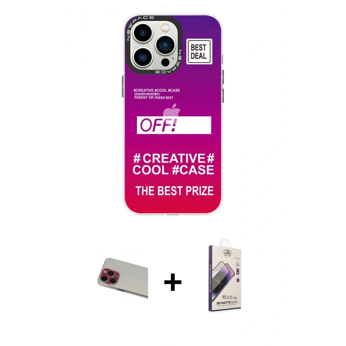 MARSİLYAN™- iPhone 13 Pro Max Kılıf Siluet Çizgi Koleksiyonu - Siyah Bilvis 3D Mat Cam Ekran Koruyucu + Rainbow Kamera Lens Koruma Cam - KI