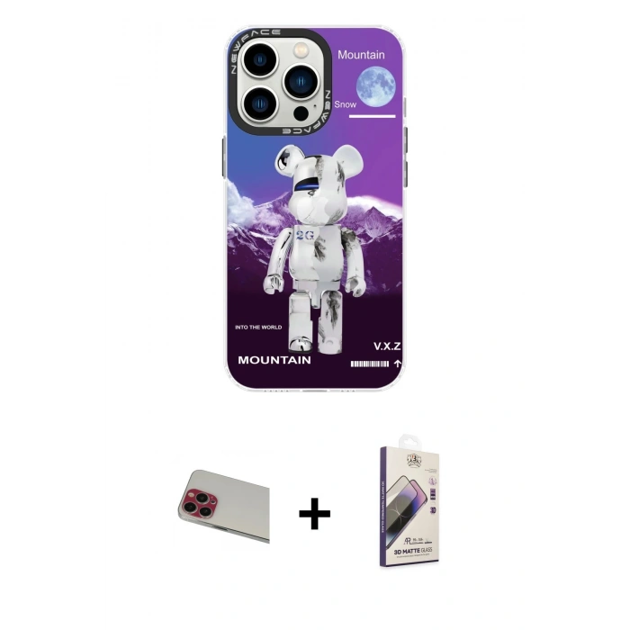 MARSİLYAN™- iPhone 13 Pro Max Kılıf Siluet Çizgi Koleksiyonu - Siyah Bilvis 3D Mat Cam Ekran Koruyucu + Rainbow Kamera Lens Koruma Cam - KI
