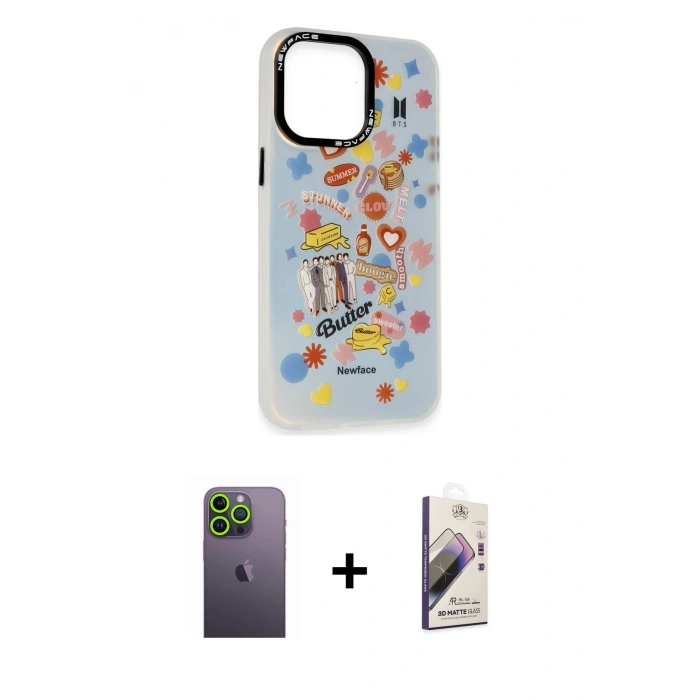 MARSİLYAN™- iPhone 13 Pro Max Kılıf Siluet Çizgi Koleksiyonu - Siyah Bilvis 3D Mat Cam Ekran Koruyucu + Neon Fosforlu Kamera Lens - YL