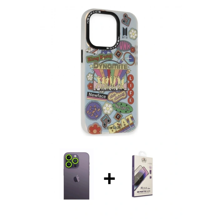 MARSİLYAN™- iPhone 13 Pro Max Kılıf Siluet Çizgi Koleksiyonu - Siyah Bilvis 3D Mat Cam Ekran Koruyucu + Neon Fosforlu Kamera Lens - YL