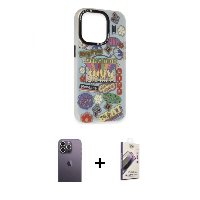 MARSİLYAN™- iPhone 13 Pro Max Kılıf Siluet Çizgi Koleksiyonu - Siyah Bilvis 3D Mat Cam Ekran Koruyucu + Neon Fosforlu Kamera Lens - BZ