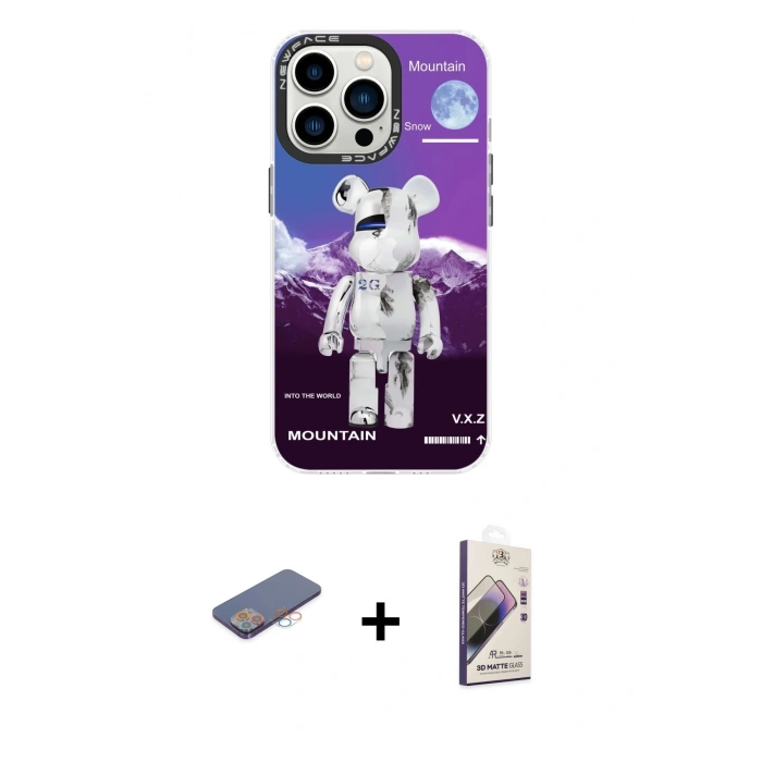 MARSİLYAN™- iPhone 13 Pro Max Kılıf Siluet Çizgi Koleksiyonu - Siyah Bilvis 3D Mat Cam Ekran Koruyucu + Pembe Renkli Kamera Lens Koruma Cam