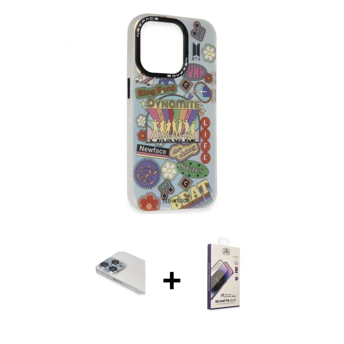 MARSİLYAN™- iPhone 13 Pro Max Kılıf Siluet Çizgi Koleksiyonu - Siyah Bilvis 3D Mat Cam Ekran Koruyucu + Pers Alüminyum Kamera Lens - SABE