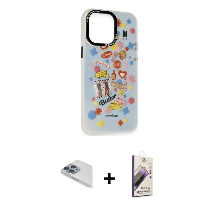MARSİLYAN™- iPhone 13 Pro Max Kılıf Siluet Çizgi Koleksiyonu - Siyah Bilvis 3D Mat Cam Ekran Koruyucu + Pers Alüminyum Kamera Lens - SABE