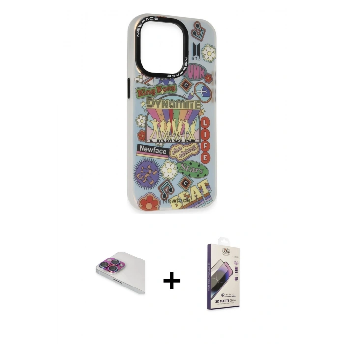 MARSİLYAN™- iPhone 13 Pro Max Kılıf Siluet Çizgi Koleksiyonu - Siyah Bilvis 3D Mat Cam Ekran Koruyucu + Pers Alüminyum Kamera Lens - GI