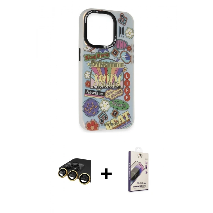 MARSİLYAN™- iPhone 13 Pro Max Kılıf Siluet Çizgi Koleksiyonu - Siyah Bilvis 3D Mat Cam Ekran Koruyucu + Raze Metal Kamera Lens - GD