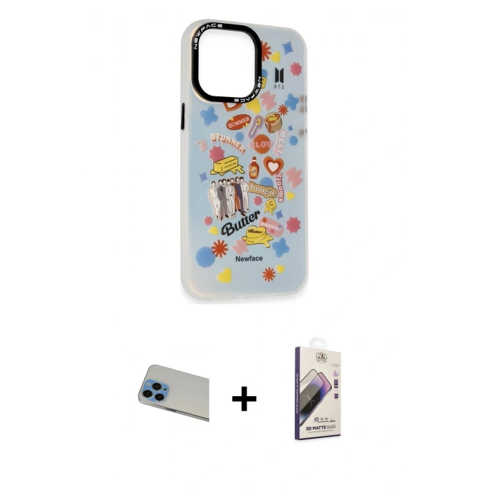 MARSİLYAN™- iPhone 13 Pro Max Kılıf Siluet Çizgi Koleksiyonu - Siyah Bilvis 3D Mat Cam Ekran Koruyucu + Rainbow Kamera Lens Koruma Cam - MI