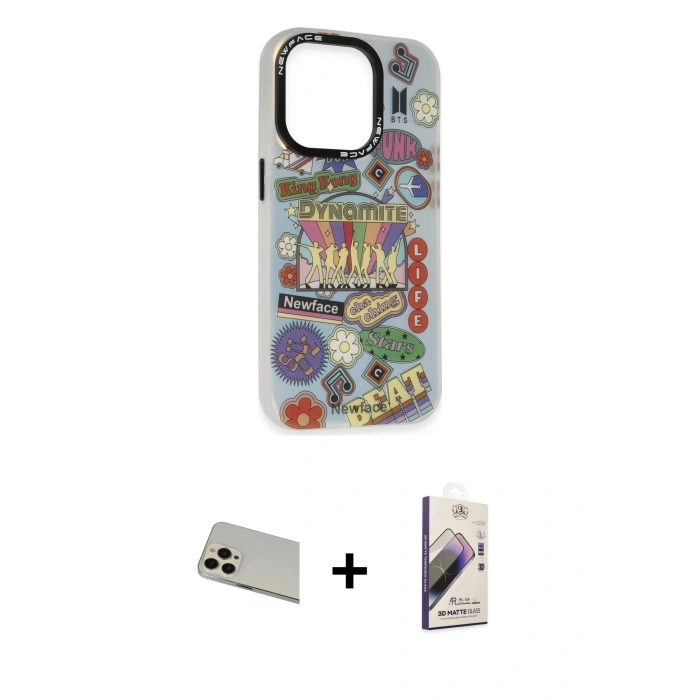 MARSİLYAN™- iPhone 13 Pro Max Kılıf Siluet Çizgi Koleksiyonu - Siyah Bilvis 3D Mat Cam Ekran Koruyucu + Rainbow Kamera Lens Koruma Cam - REGD