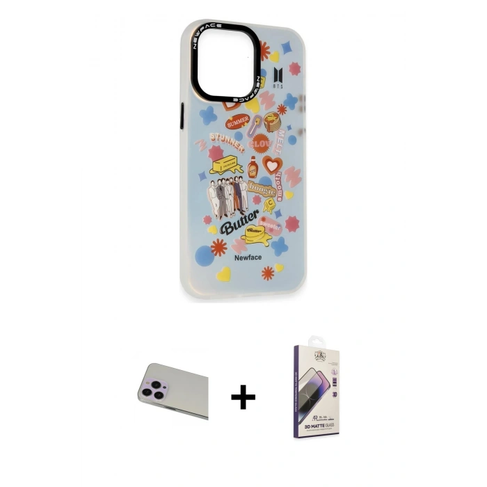 MARSİLYAN™- iPhone 13 Pro Max Kılıf Siluet Çizgi Koleksiyonu - Siyah Bilvis 3D Mat Cam Ekran Koruyucu + Rainbow Kamera Lens Koruma Cam - MR
