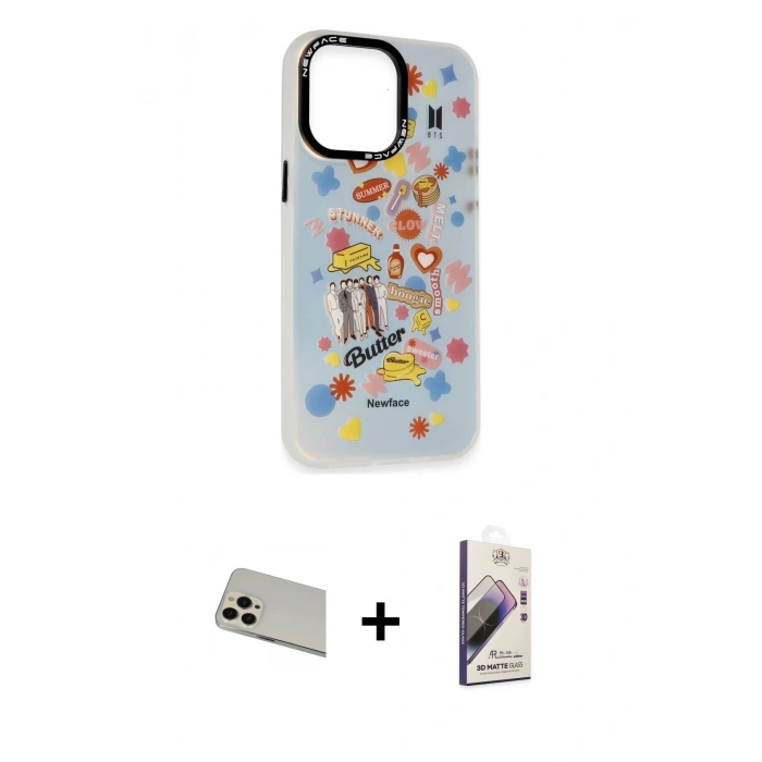 MARSİLYAN™- iPhone 13 Pro Max Kılıf Siluet Çizgi Koleksiyonu - Siyah Bilvis 3D Mat Cam Ekran Koruyucu + Rainbow Kamera Lens Koruma Cam - REGD