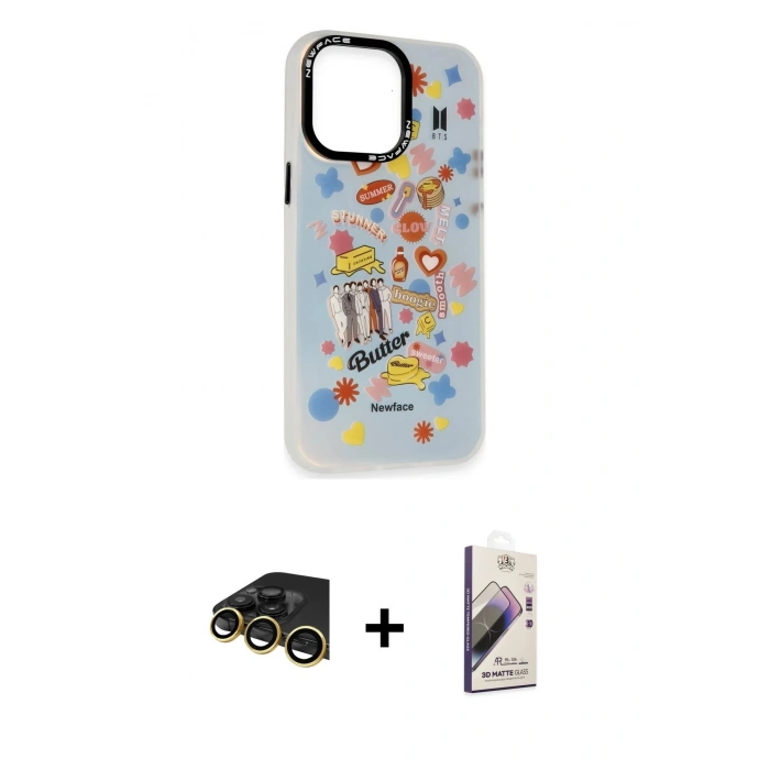 MARSİLYAN™- iPhone 13 Pro Max Kılıf Siluet Çizgi Koleksiyonu - Siyah Bilvis 3D Mat Cam Ekran Koruyucu + Raze Metal Kamera Lens - GD