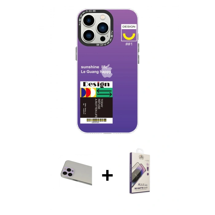 MARSİLYAN™- iPhone 13 Pro Max Kılıf Siluet Çizgi Koleksiyonu - Siyah Bilvis 3D Mat Cam Ekran Koruyucu + Rainbow Kamera Lens Koruma Cam - MR
