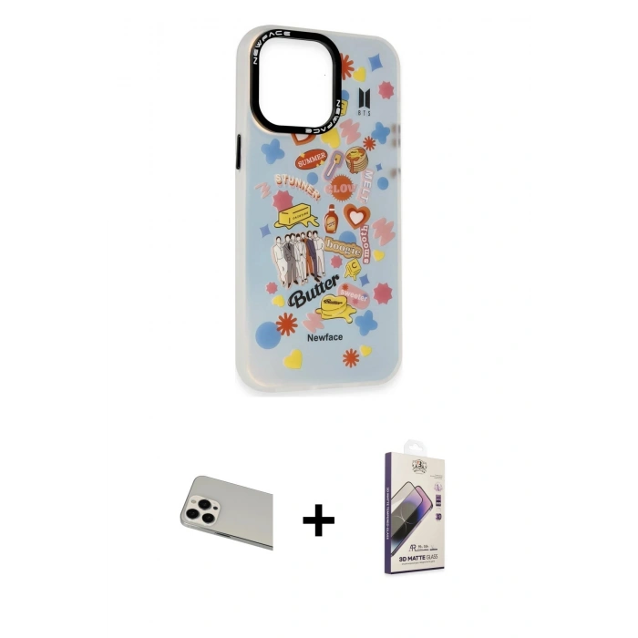 MARSİLYAN™- iPhone 13 Pro Max Kılıf Siluet Çizgi Koleksiyonu - Siyah Bilvis 3D Mat Cam Ekran Koruyucu + Rainbow Kamera Lens Koruma Cam - BZ