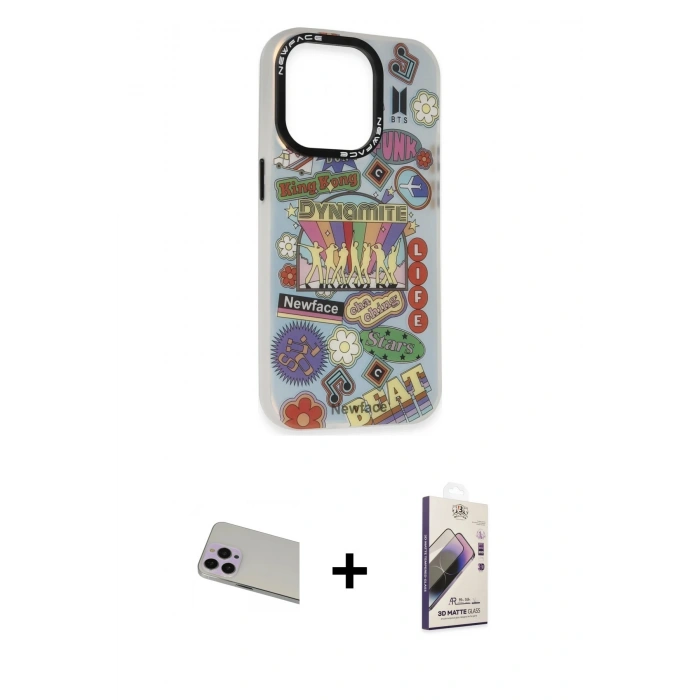 MARSİLYAN™- iPhone 13 Pro Max Kılıf Siluet Çizgi Koleksiyonu - Siyah Bilvis 3D Mat Cam Ekran Koruyucu + Rainbow Kamera Lens Koruma Cam - MR