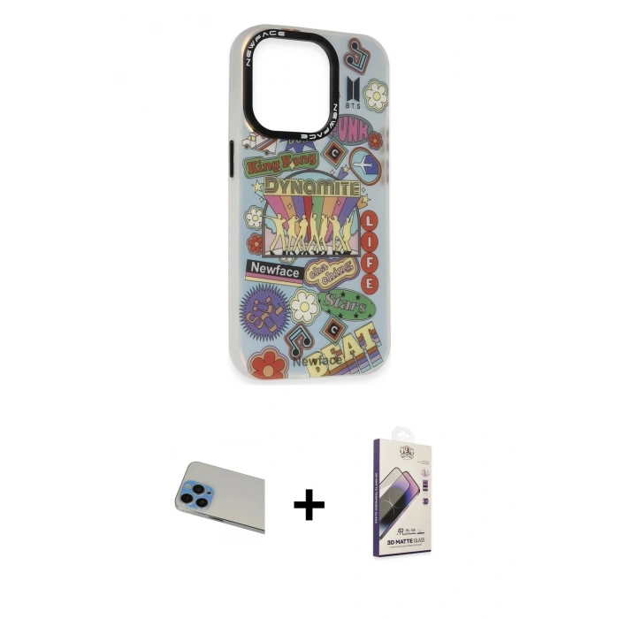 MARSİLYAN™- iPhone 13 Pro Max Kılıf Siluet Çizgi Koleksiyonu - Siyah Bilvis 3D Mat Cam Ekran Koruyucu + Rainbow Kamera Lens Koruma Cam - MI